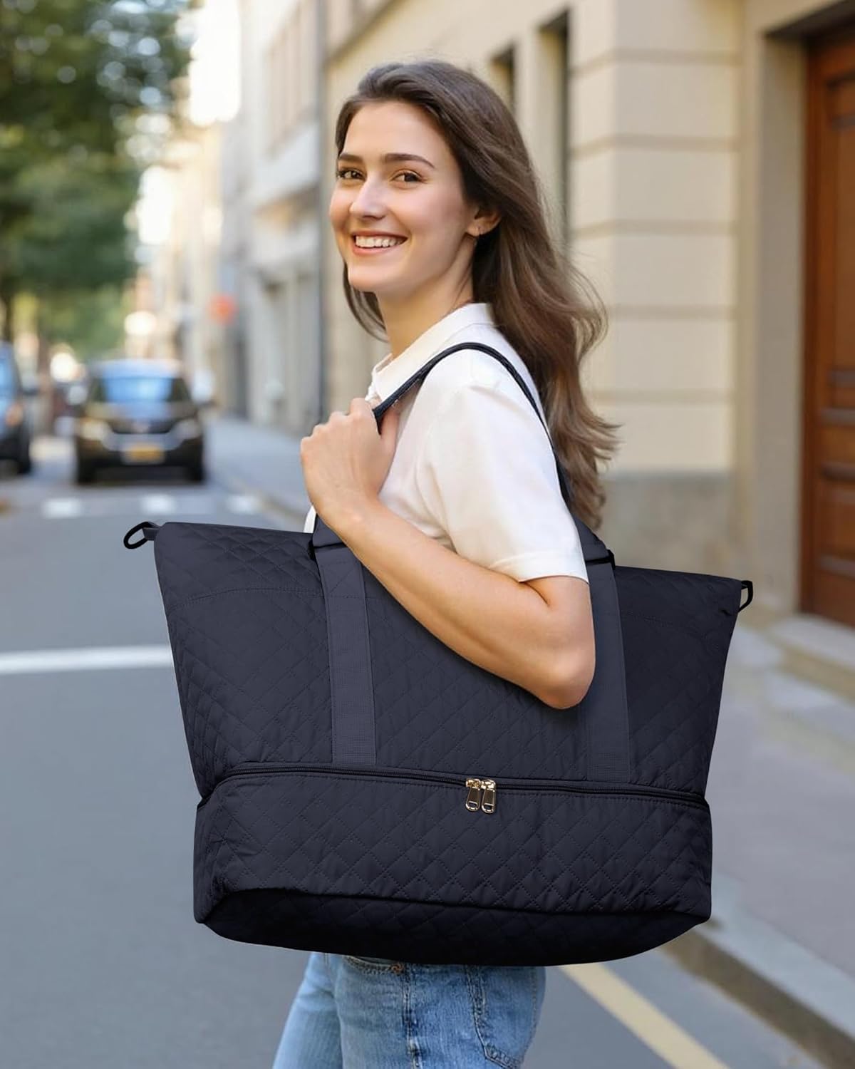 HOTOR Travel Duffel Bag - Weekender Bags for Women, Carry On Overnight Bag with Shoe Compartment, with Toiletry Bag for Travel Essentials and Travel Accessories, Black, 15.8"×18.1"×8.7"