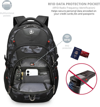 Swissdigital Design Laptop Backpack with USB Charging Port, TSA Travel Backpack Fits 15.6 inches Computer, 31L College School Backpack for Men, Gray Camo | SD803