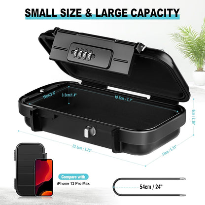 HUANLANG Portable Safe Lock Box with Combination Lock Mini Beach Travel Safe Waterproof Small Lockable Box with Removable Wire Rope Combination Safe Box for Dorm,Travel,Beach,Hotel,Car,Home,Office
