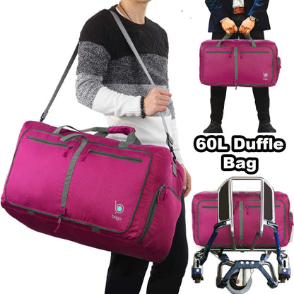 Bago Foldable Duffel Bags for Traveling Women & Men - 60L Medium Packable Duffle Bag for Travel with Shoe Compartment - Water Repellant, Heavy Duty, Lightweight Folding & Collapsible (Pink)
