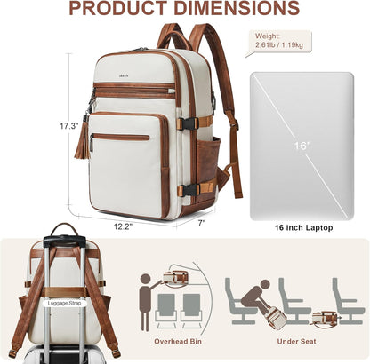 Shrrie Laptop Backpack for Women,Vegan Leather Backpack Work Computer Backpacks fits 16" Laptop,Water Resistant Teacher Nurse Casual Daypack for Weekender Camping Travel,Beige with Brown