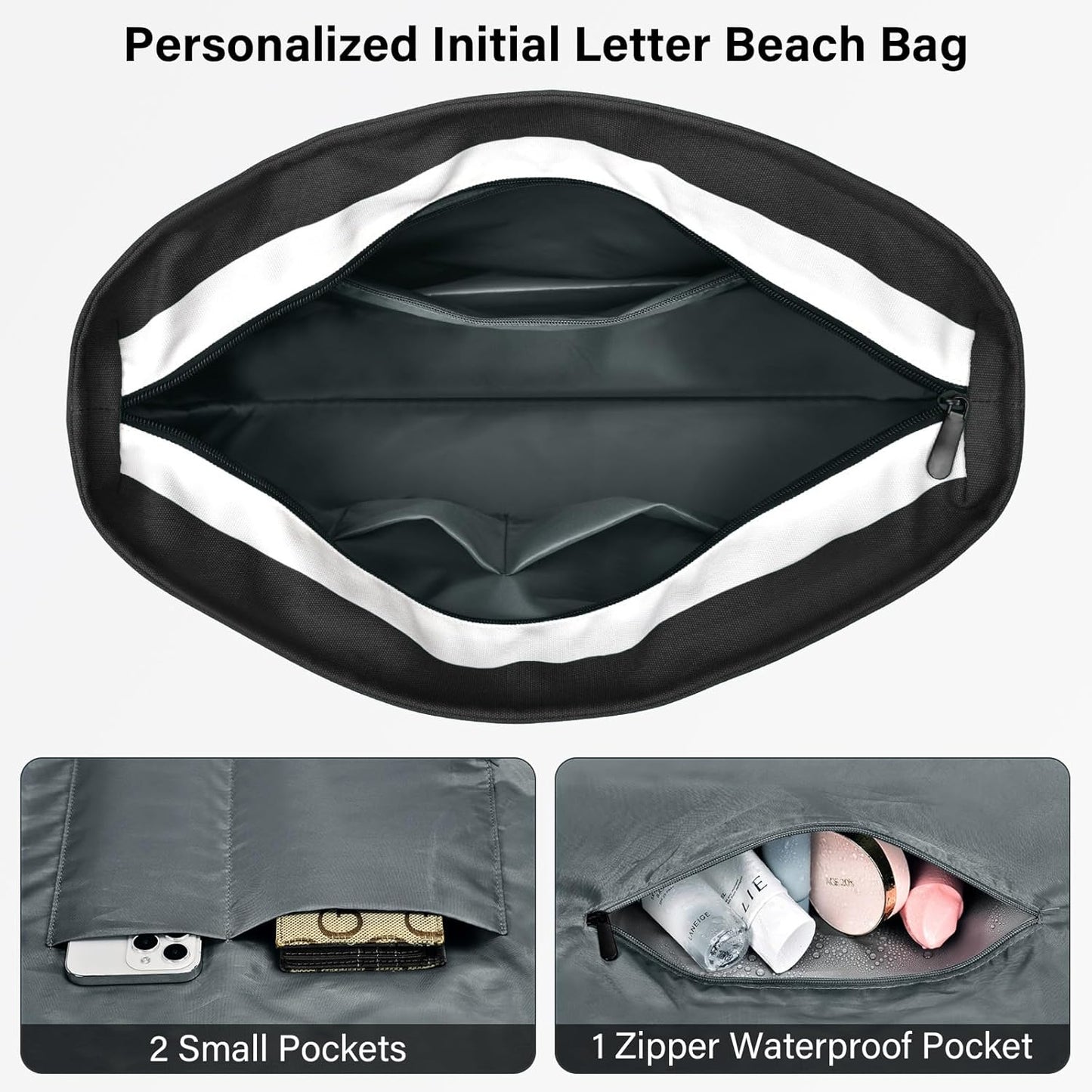 Becokan Beach Bag Initial Beach Tote with Makeup Bag for Travel Work Storage Personalized Birthday Gifts for Women Her