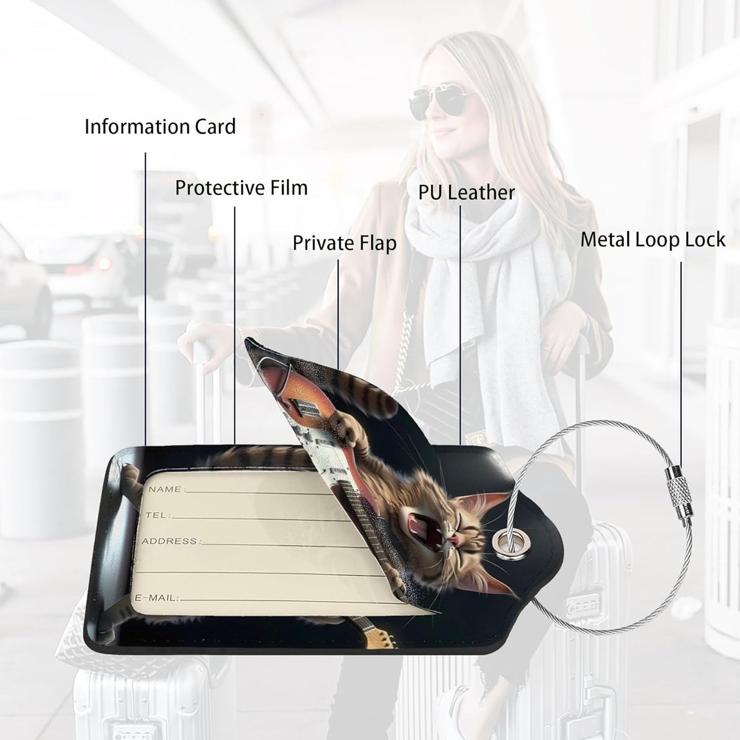 2 Pack Luggage Tags for suitcases Guitar Funny Cute cat Luggage Tag, Leather Stainless Steel Loop Label Tag for Men Women Travel Bag Suitcase(Guitar cat)