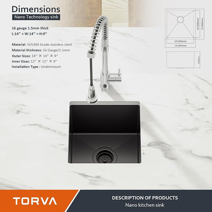 TORVA 14 x 14 Inch Gloss Black Undermount Kitchen Sink, PVD Coated Gunmetal - Image 4