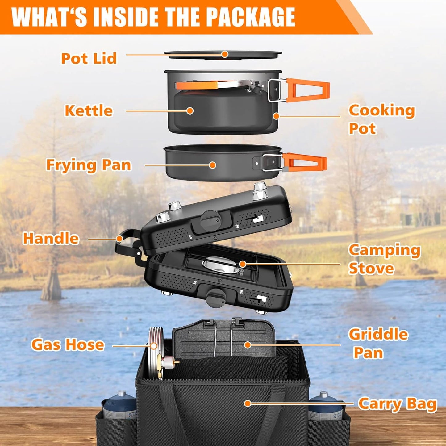 Hisencn 2 Burner Foldable Camping Stove with Griddle,Portable Propane Camp Stove, 20000 BTU Propane Stove, Outdoor Gas Stove with Carry Bag,Includes Frying Pan, Kettle, and Pot, Adjustable Burners