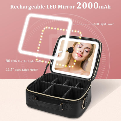 Makeup Bag with LED Mirror, [3 Color and Stepless Dimmable] Rechargeable LED Light for Makeup Bag Train Case with Brushes Storage Organizer, Travel Box Cosmetic Bag for Women - Pink