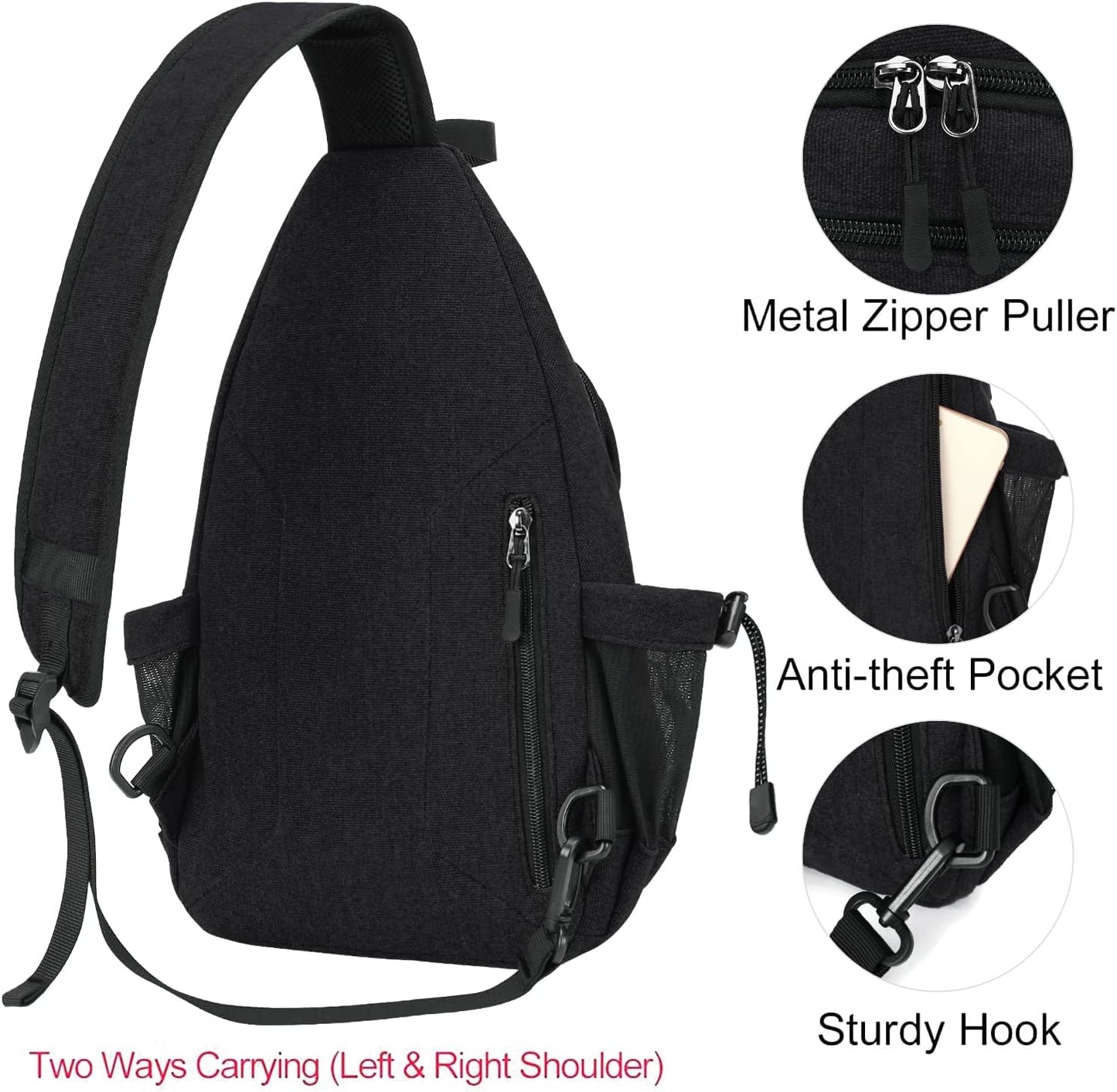 MOSISO Sling Backpack,Canvas Crossbody Hiking Daypack Bag with Anti-theft Pocket, Black