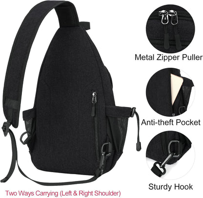 MOSISO Sling Backpack,Canvas Crossbody Hiking Daypack Bag with Anti-theft Pocket, Black