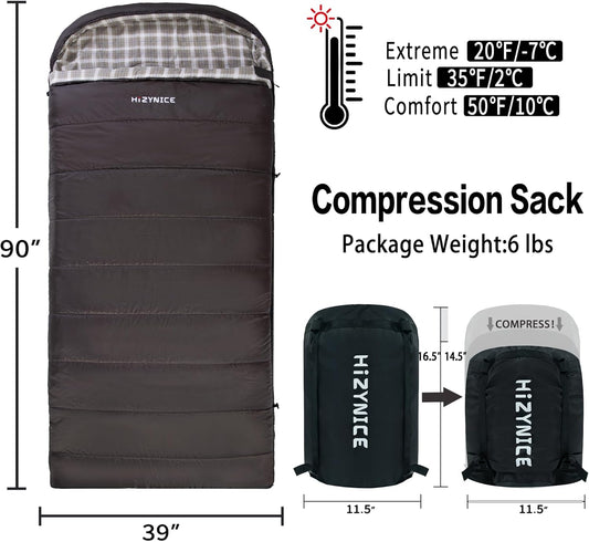 0 Degree Sleeping Bag 100% Cotton Flannel XXL for Adults Big and Tall Cold Weather Winter Zero Degree Camping,Free Compression Sack