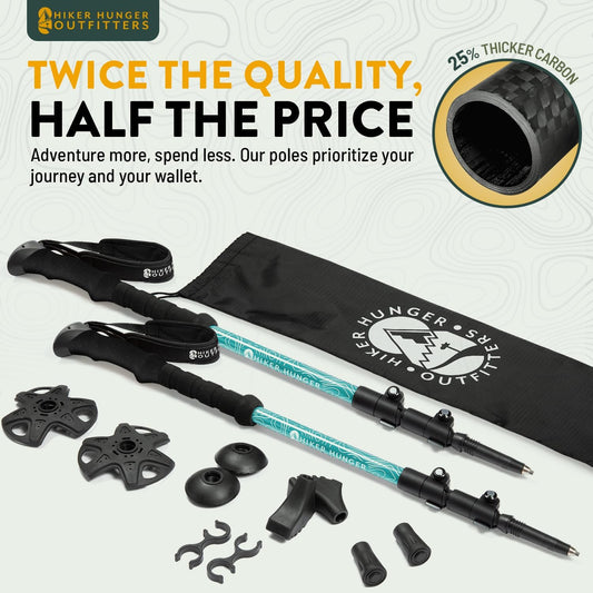 100% Carbon Fiber Trekking Poles by USA Brand - Ultra Strong Lightweight Collapsible Hiking Poles with Cork and EVA Foam Grips & Quick Adjustable Flip Locks