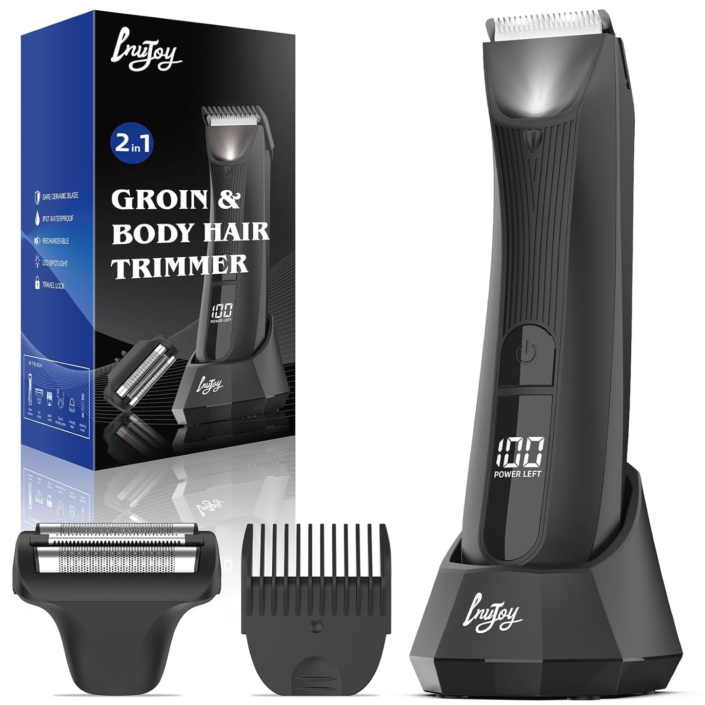 INVJOY Manscape Body Trimmer for Men, Waterproof Electric Razor/Shavers with Dual-Head for Facial, Pubic & Groin Hair Grooming, Ceramic & Foil Blades Hair Trimmer with LED - Birthday Gift for Him Dad