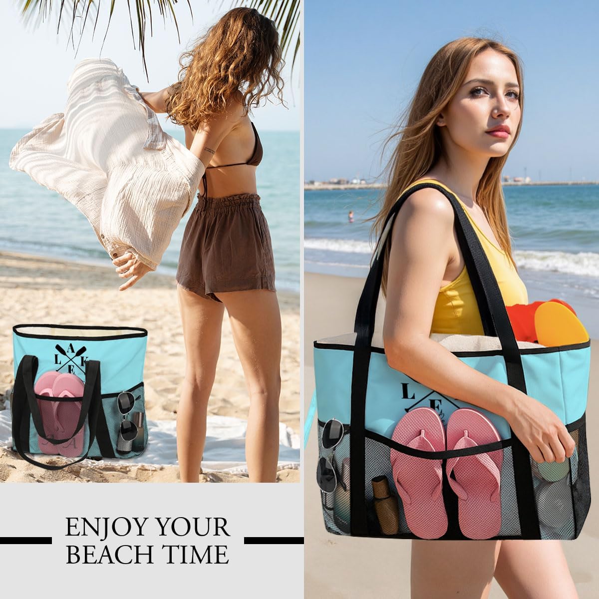 Sandproof Beach Bag with Zipper - 8-Pocket Waterproof Tote for Women & Family | Foldable Travel Swim Bag (Gift-Ready)