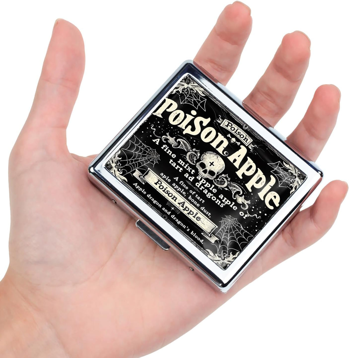 Cute and Stylish Metal Pill Box - Compact Portable Pill Organizer with 8 Compartments, Food-Grade Divider, Ideal for Travel, Vitamins, Jewelry, Cosmetics (Poison Apple Alchemy)