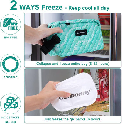Cerbonny Freezable Kids/Adults Green Fish Theme Lunch Cooler, Suit for 3+, Mini Fit for Yogurt