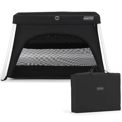 HARPPA Travel Crib with Comfy Mattress, Lightweight Portable Crib Requires No Assembly, Foldable Pack and Play for Baby and Toddlers, Compact Play Yard with Bed,Black