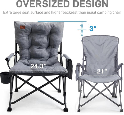 EVER ADVANCED Padded Oversized Folding Camping Chair for Adults, Heavy Duty Lawn Chair with Side Pockets, Portable Collapsible Quad Chair for Outside, Support Up to 500lbs, Grey 2Pack