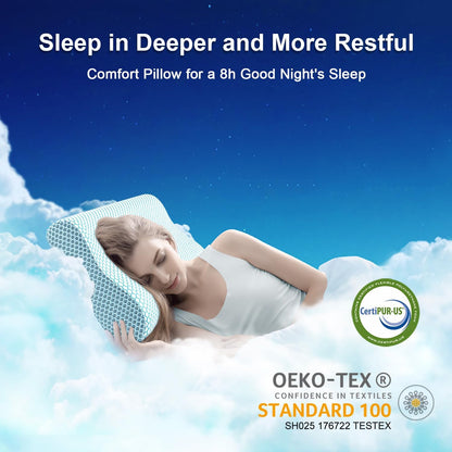 Anvo Memory Foam Pillow, Neck Contour Cervical Orthopedic Bed Pillow for Sleeping Side Back Stomach Sleeper, Ergonomic Design for Neck and Shoulder Pain Relief, Blue White, Soft
