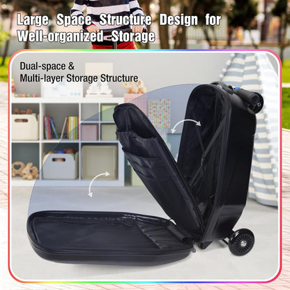 20" Scooter Suitcase for Kids, 2-in-1 Ride On Luggage with Wheels for Boys & Girls Ages 4-15, Foldable Hardshell Carry On Lightweight Travel Suitcase for Airplane