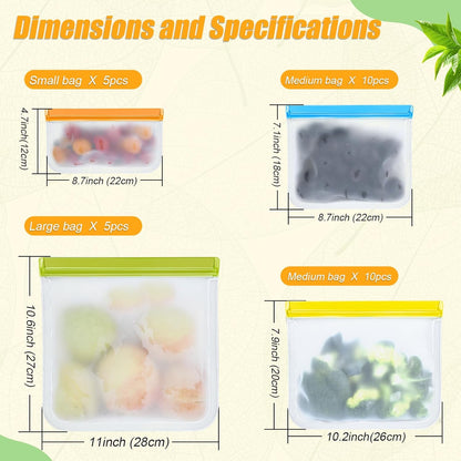 30 Pack Reusable Silicone Food Storage Bags, 4 Size Leak proof Dishwasher Safe Reusable Freezer Bag for Food Storage Containers Lunch Bags for Sandwich, Marinate Meat, Fruit