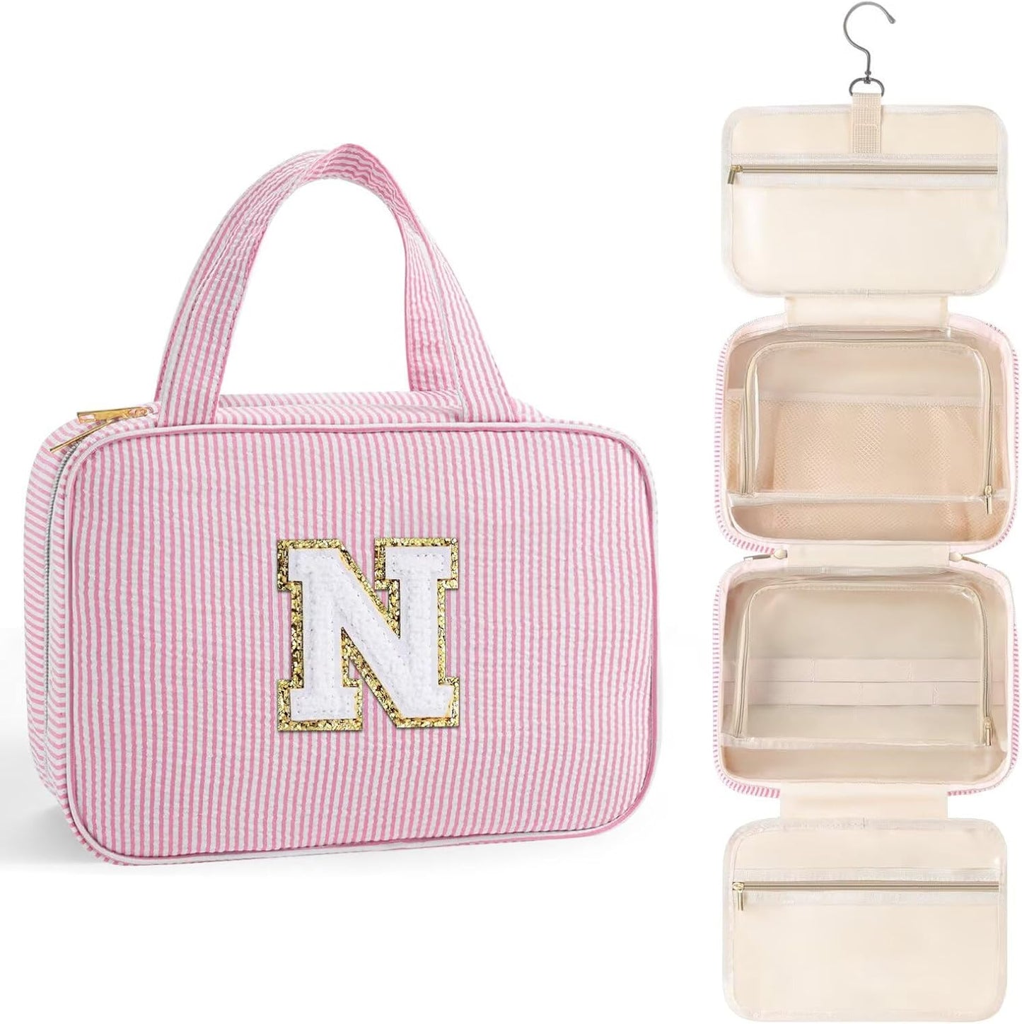 TOPEAST Hanging Toiletry Bag for Women - Travel Toiletry Bag Makeup Bag, Portable Toiletries Cosmetic Bag, Airplane Travel Essentials - Letter N, Pink