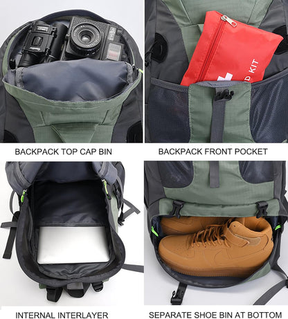 Bseash 50L Hiking Backpack, Water Resistant Lightweight Outdoor Sport Daypack Travel Bag for Camping Climbing Skiing Cycling (Army Green - With Shoe Compartment)