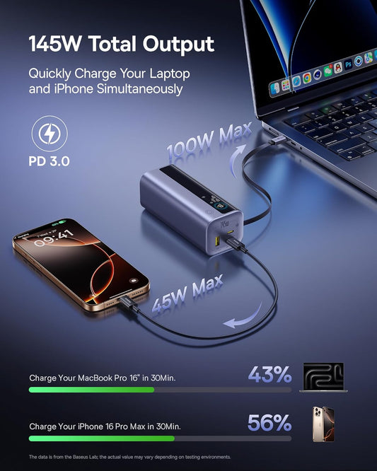 Baseus Laptop Power Bank, 20,000mAh 145W Portable Charger Built-in Retractable Cable, 4-Port PD Fast Charging Battery Bank with Smart Display, for iPhone/MacBook/Samsung/Dell/HP, and More