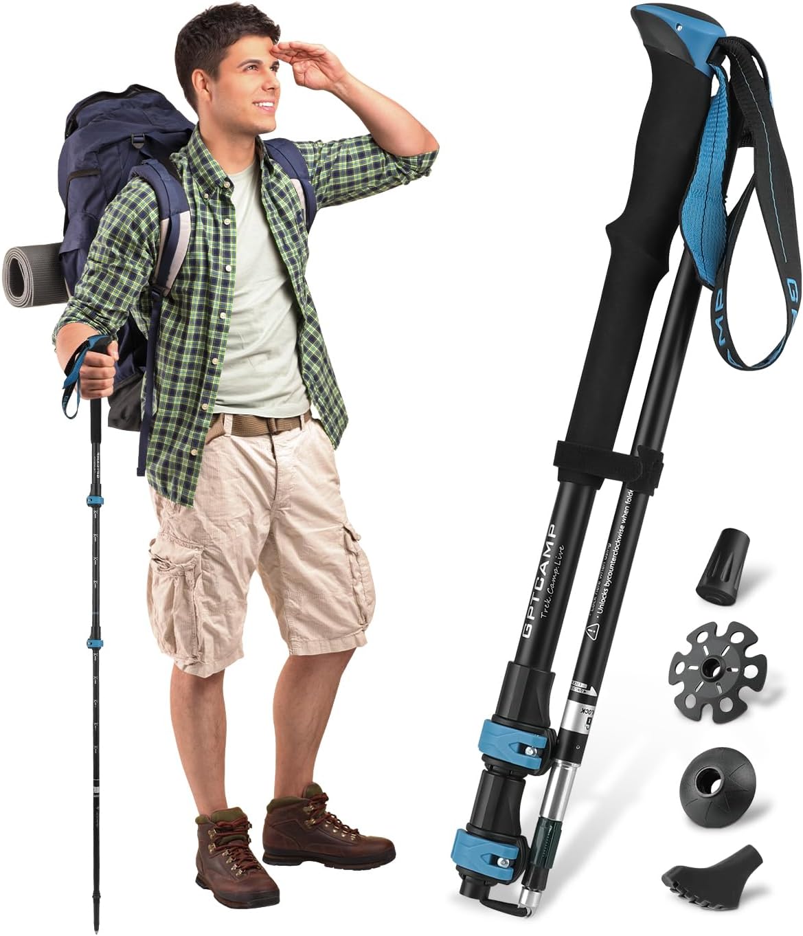 GPTCAMP Hiking Stick,1pc Trekking Pole Collapsible Hiking Pole,Lightweight Folding Adjustable Travel Walking Stick with EVA Foam Grip for Men Women,Blue