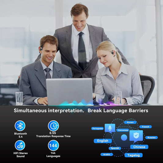 AI Translation Earbuds Real Time- 144 Languages, Meeting Assistant, LCD Touch Screen, Noise Cancelling, Wireless Open Ear Translator Earbuds- Used for Travel, Business, Learning, Grey pr