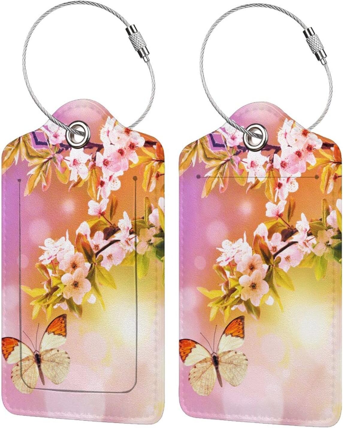 2 Packs Beautiful Spring Flowers PU Leather Luggage Tags Butterfly Suitcase Labels Bag Tags Cute Name ID Labels with Privacy Cover for Women Teen Girls Pink Yellow Background