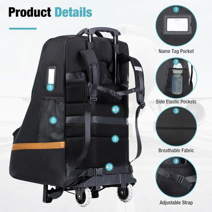 Padded Car Seat Travel Bag for Airplane with Wheels, Heavy Duty Carseat Bags for Air Travel, Rolling Gate Check Backpack and Dolly Carrier, Storage for Baby Essentials, Black
