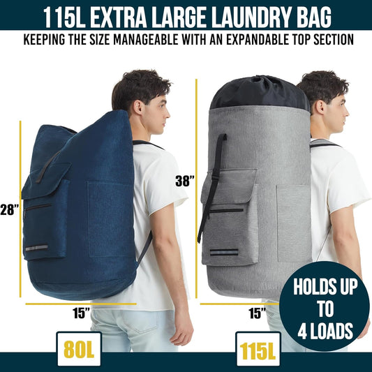 Laundry Backpack Bag, 115L Extra Large Laundry Bag with Straps, Heavy Duty Laundry Backpack with 4 Pockets, Sturdy College Backpack Laundry Bags, XL Laundromat Bags for College Dorm Room, Apartment