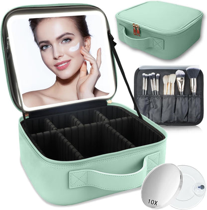 Makeup Bag with Led Mirror,Travel Makeup Organizer with 3 Color Setting & 10X Magnifying Mirror, Portable Storage and Adjustable Dividers Travel Makeup Bag-light green