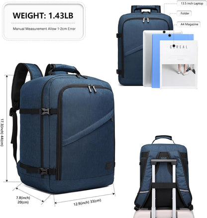Kono Carry on Backpack, 18" Airplane Approved Under Seat Travel Backpack for Men and Women, Waterproof Lightweight Daypack for Flight 30L (Navy, Medium)