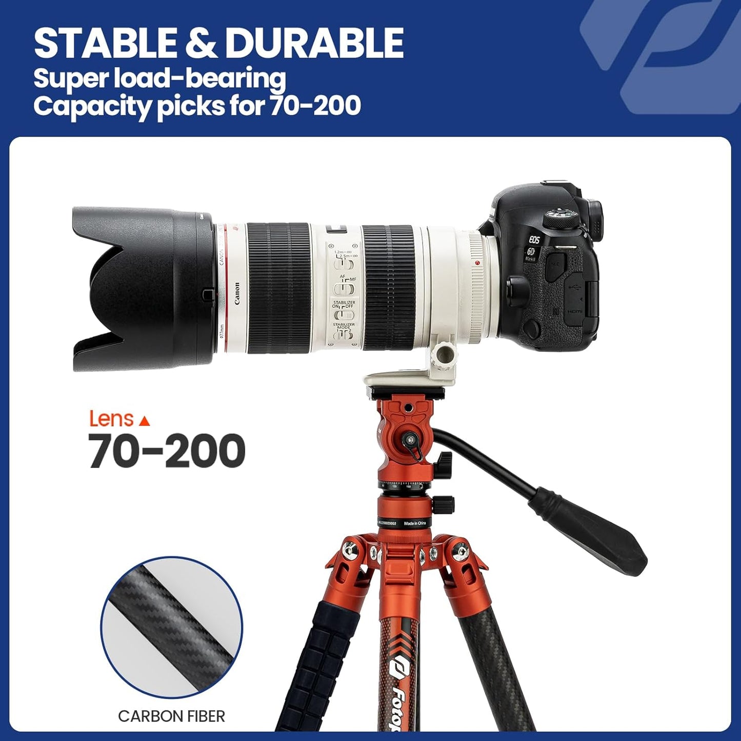 Fotopro Carbon Fiber Tripod 2.3lbs Ultralight 62 Inch Portable Travel Video Tripod for Camera DSLR Load up to 22lbs X-Aircross 3 Video Orange