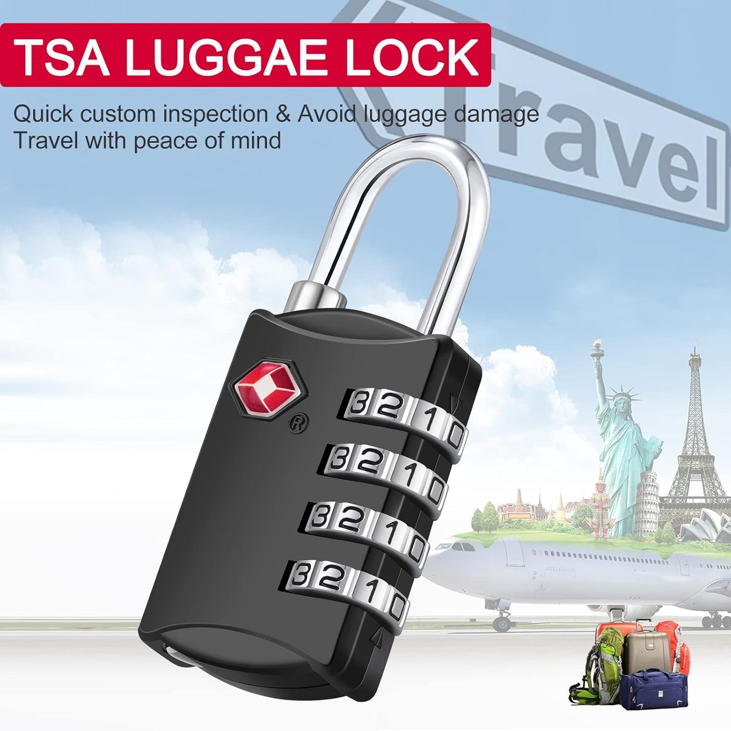 ZHEGE Luggage Lock for Train 4 Pack, 1 Cable (30 Inch), TSA Approved Travel Cable Lock for Backpack, Suitcase, School Gym Locker (4 Pack, Black)