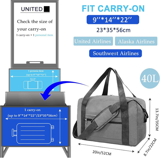 Foldable Carry on Luggage Bag 22x14x9 Personal Item Bag for Airplanes Travel Duffel Bag for Women and Men (40L, Dark Grey)