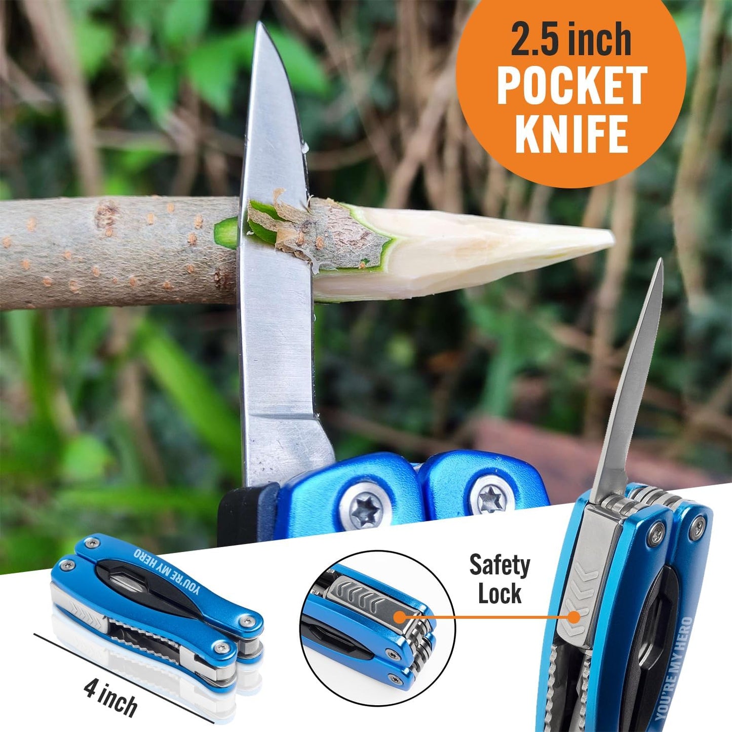 YOU ARE MY HERO Multitool 15-in-1 | Practical Gift for Dad Husband Grandpa Son, Engraved Multi Tool for EDC & Outdoors, Great Birthday Appreciation Gift from Daughter Son Wife, Unique Gadget for Men