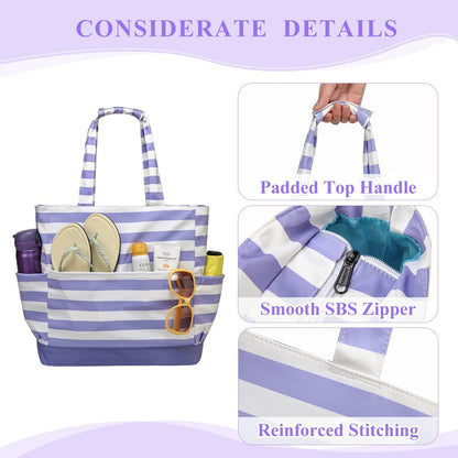 VASCHY Beach Bag for Women, Large Waterproof Sandproof Fold-able Packable Pool Tote Bag w Zipper/Pockets