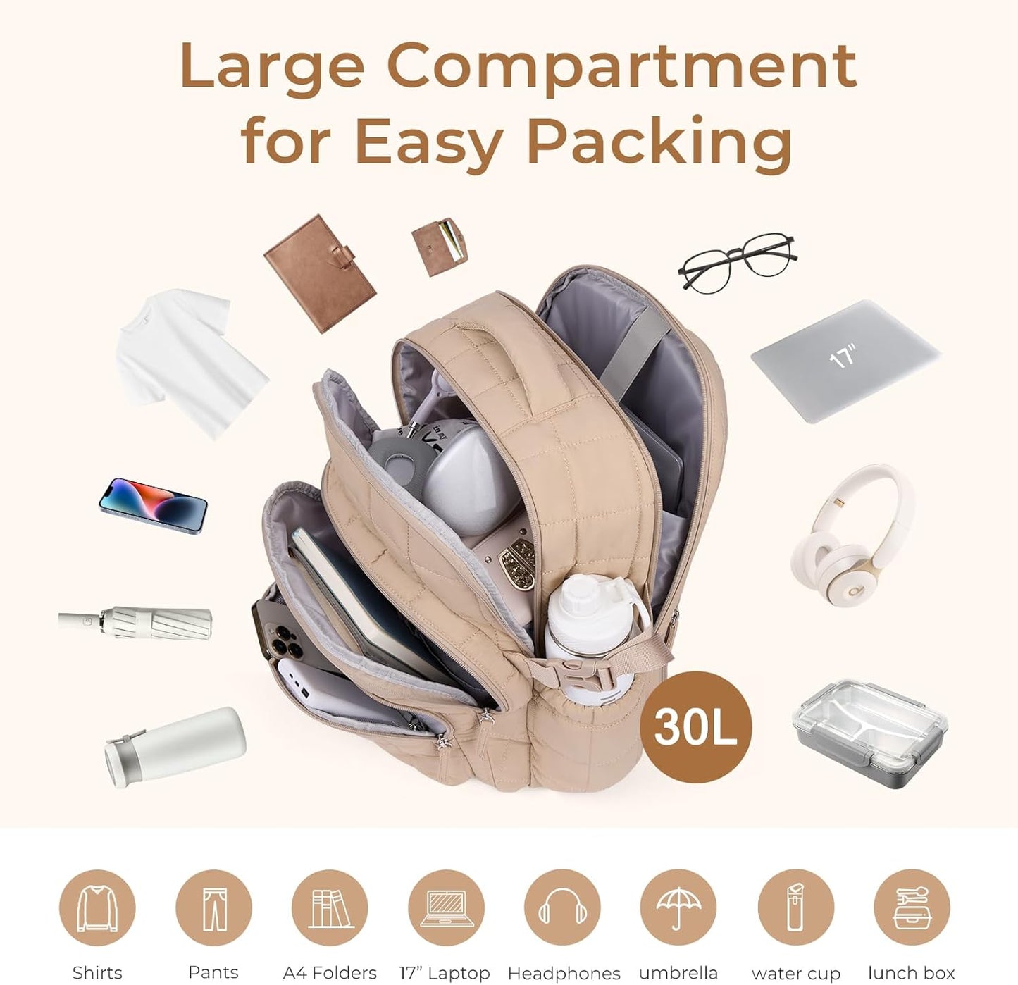 CLUCI 17.3 Inch Laptop Backpack for Women, Anti Theft Travel Backpack, Puffer Quilted Work Backpack, Water Resistant College Bookbag, Carry on backpack with RFID (Khaki)