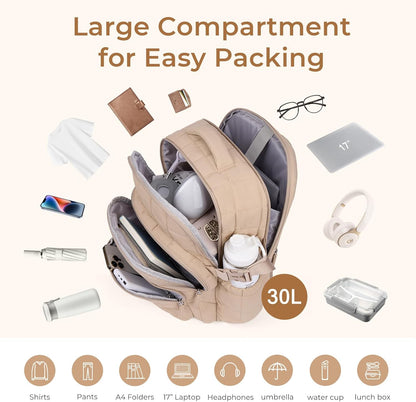 CLUCI 17.3 Inch Laptop Backpack for Women, Anti Theft Travel Backpack, Puffer Quilted Work Backpack, Water Resistant College Bookbag, Carry on backpack with RFID (Khaki)