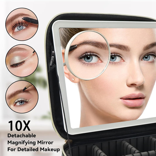 Travel Makeup Bag with LED Mirror and 10x magnifying glass with 3 Lighted Settings, Adjustable Dividers and Makeup Brush Storage Bag Black