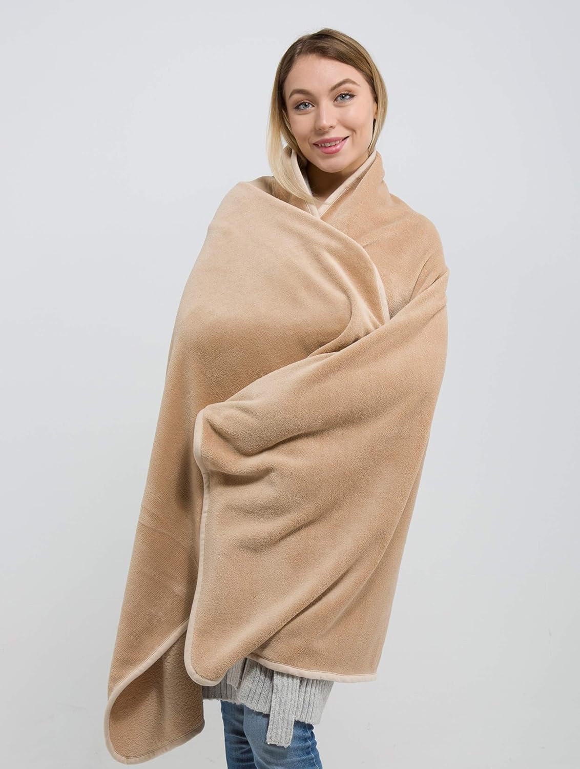 BlueHills Travel Blanket Pillow Rolled Premium Soft Plush Airplane Throw Traveler Essentials Gift Compact in a Bag 70X48 inches Long Car Plane Flight Portable Beige R06