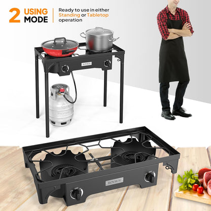 ROVSUN 2 Burner Outdoor Propane Gas Stove 150,000 BTU High Pressure Stand Cooker for Backyard Cooking Camping Home Brewing Canning Turkey Frying, 20 PSI Regulator