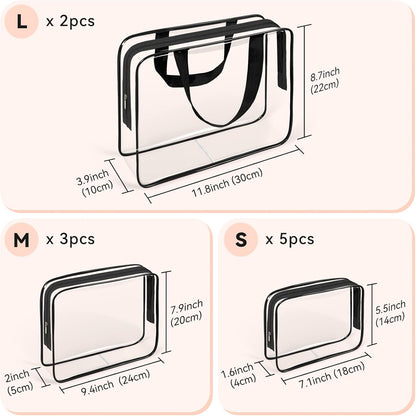 TISRATOK 10 PCS Clear Travel Makeup Toiletry Bag, Plastic PVC Cosmetic TSA Approved Organizer Kit with Zipper Handbag（Black）