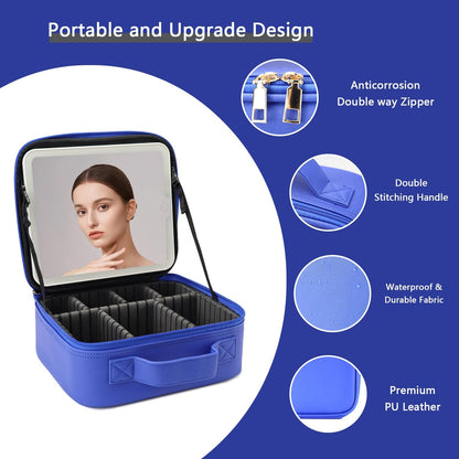 Makeup Bag with Led Mirror,Travel Makeup Organizer with 3 Color Setting & 10X Magnifying Mirror, Portable Storage and Adjustable Dividers Travel Makeup Bag-dark blue
