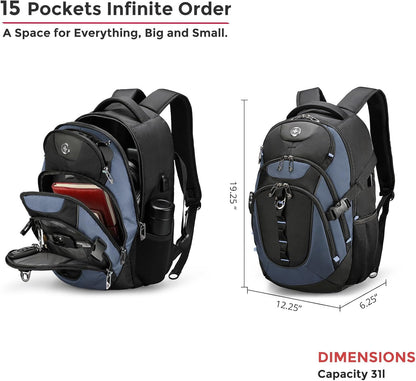 Swissdigital Design Laptop Backpack with USB Charging Port, TSA Travel Backpack Fits 15.6 inches Computer, 31L College School Backpack for Men, Haze Blue/Black | SD803