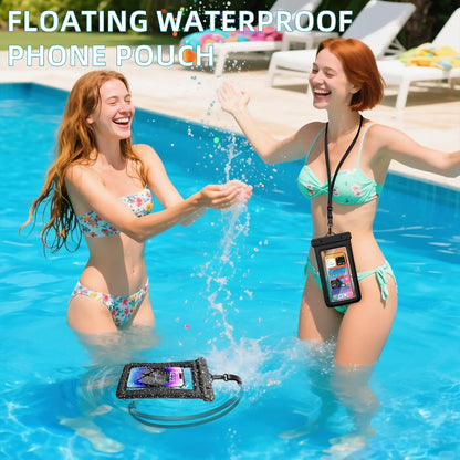 IPX8 Floating Waterproof Phone Case 2-Pack, 7.2 Inch Waterproof Phone Pouch for iPhone 16/15/14 Pro Max Galaxy S24/S23 Adjustable Lanyard + Wrist Strap Beach Swimming Travel Essentials Black