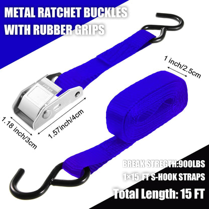 16 Pcs Cambuckle Tie Down Straps 1763lbs Break Strength Securing Straps 1'' x 15 ft Cambuckle Tie Downs with S Hook for Motorcycle, Kayak, Car, Truck, Boat Moving, Securing Cargo(Blue)
