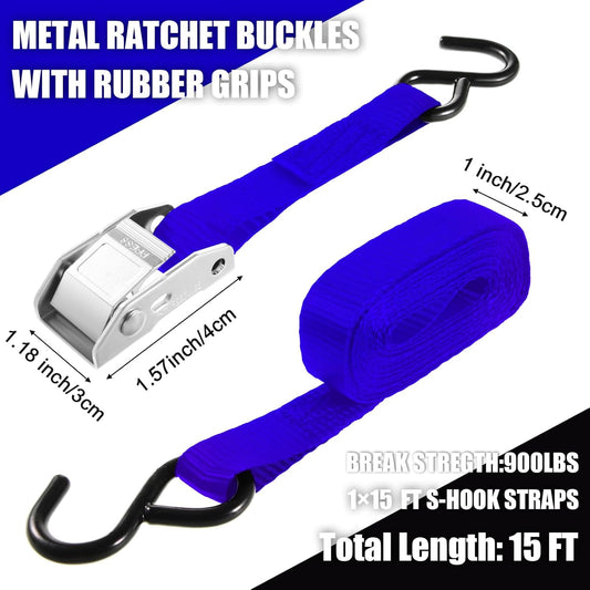 16 Pcs Cambuckle Tie Down Straps 1763lbs Break Strength Securing Straps 1'' x 15 ft Cambuckle Tie Downs with S Hook for Motorcycle, Kayak, Car, Truck, Boat Moving, Securing Cargo(Blue)