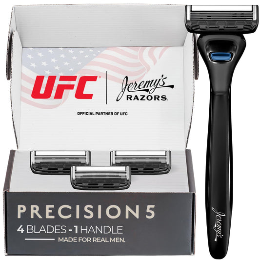 Jeremy's Razors for Men: Precision 5 Blade Razor - Stainless Steel Blades, Lubricating Strip, Precision Trimmer - Men's Shaving Kit, Travel Face Body Head Shavers (1 Razor 4 Cartridges)